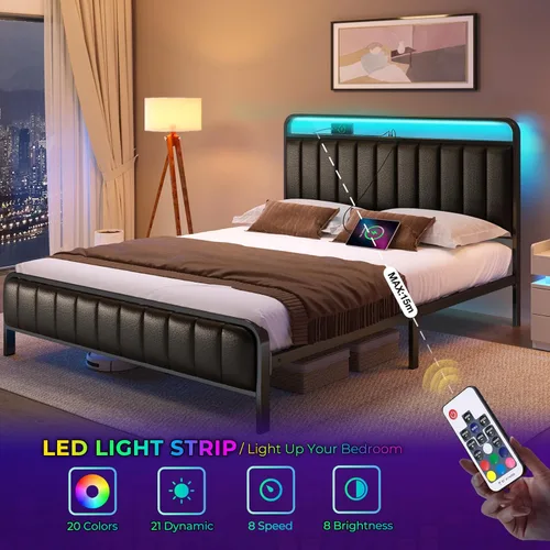 Miniatura 3 de Rolanstar Estructura de cama tamaño completo con luz LED y estación de carga, cabecera y pie de cama tapizados, listones de metal, sin ruido, fácil