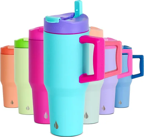 Miniatura 55 de Elemental Vaso de 40 onzas con asa y popote - A prueba de derrames, aislado de acero inoxidable para uso diario - Taza de café de viaje con 2