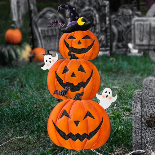 Miniatura 7 de Estacas de jardín de Halloween de 39.8 pulgadas, calabazas de metal apiladas, decoración de césped con sombrero de bruja, letreros de metal