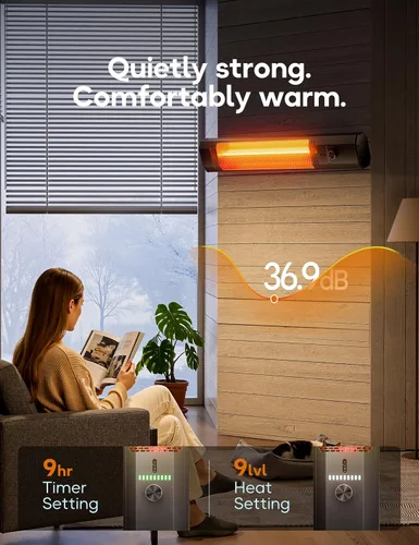 Miniatura 4 de Calentador de patio para uso en exteriores, calentadores eléctricos de 34 pulgadas, 1500 W, calentador infrarrojo de montaje en pared, calefacción