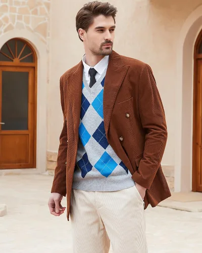 Miniatura 5 de Kallspin Suéter tipo chaleco con rombos para hombre, mezcla de lana, cuello en V, sin mangas