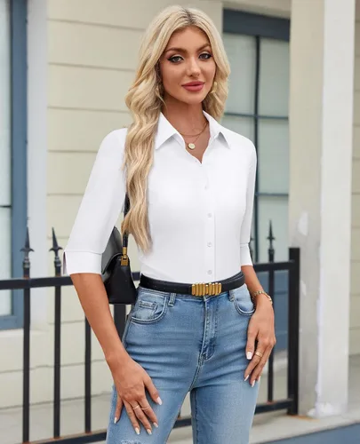 Miniatura 5 de siliteelon Camisas con botones para mujer, manga 3/4, elástica, ajustada, sin arrugas, cuello para negocios, trabajo, tops