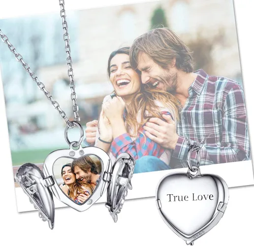Miniatura 3 de SILVERCUTE Personalized & Engraved Locket Necklace with 18" Chain -Angel Wings Locket, Custom Heart Locket Pendant That Holds Picture, Sterling
