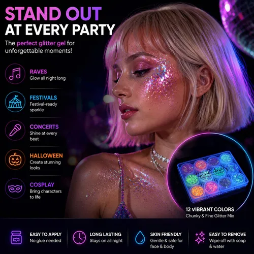 Miniatura 3 de 12 colores de gel con purpurina que brilla en la oscuridad, reactiva a la luz negra UV, para rostro y cuerpo, no necesita pegamento, grado cosmético