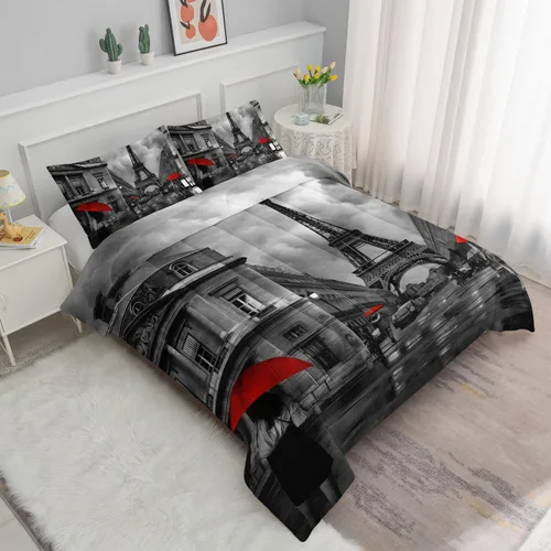 Miniatura 2 de Datura home Juego de Ropa de Cama Edredón Escenario de Calle de París Torre Eiffel Patrón Estampado Juego de Ropa de Cama con 1 Edredón y 2 Fundas