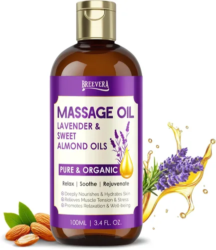 Aceite de masaje con aceites de lavanda y almendras dulces – Alivia la tensión muscular, hidrata la piel, promueve la relajación y el bienestar, 3.4