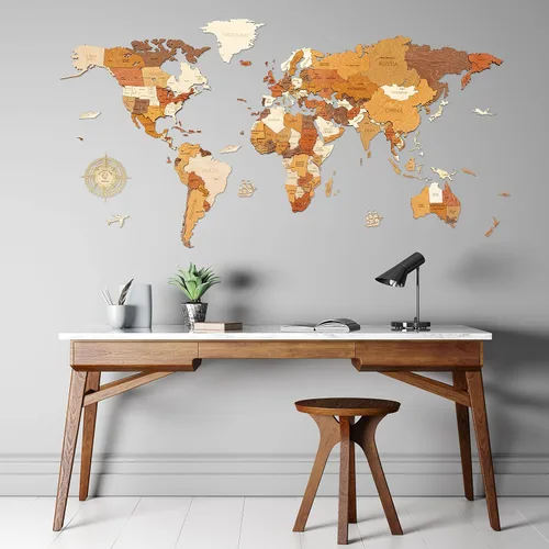Decoración de pared de mapa del mundo de madera, multicapa, madera teñida multicolor, nombres grabados, diseño 3D único, para cocina, oficina,