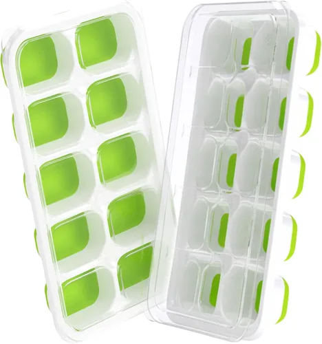DOQAUS Bandeja para cubitos de hielo con tapas, paquete de 2 bandejas de hielo apilables de silicona para congelador, seguro para BPA y LFGB, fácil