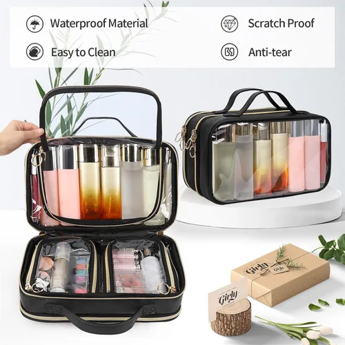 Miniatura 8 de OCHEAL Neceser de viaje, organizador de maquillaje transparente de doble capa, bolsa de cosméticos de gran capacidad para mujeres que viajan