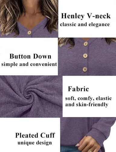 Miniatura 4 de HOTGIFT Blusa tipo túnica de manga larga con cuello en V y botones para mujer 2026