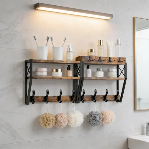 Miniatura 9 de Perchero grande mejorado de 3 niveles con estante, soporte de pared versátil 4 en 1 para colgar abrigos y llaves, estante de pared de entrada de 32