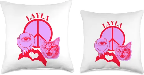 Miniatura 3 de Layla Name Personalized Peace and Karma Co. Layla First Name I Love Retro Cat Mom - Almohada personalizada, 16 x 16 pulgadas, multicolor