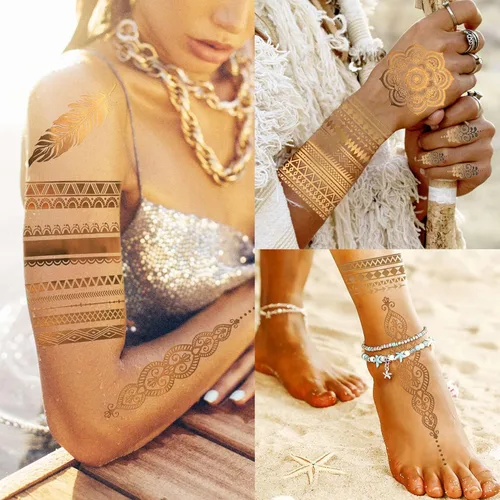 Miniatura 3 de Bilizar 9 hojas de más de 110 diseños de tatuajes temporales de oro flash metálico para mujeres adultas, niñas, león dorado de festival, sol, luna