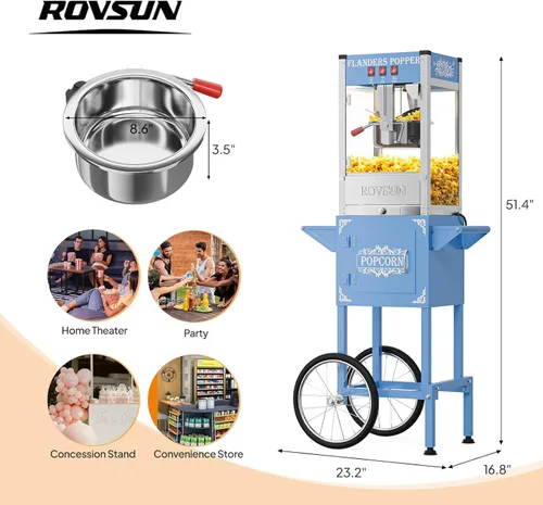 Miniatura 7 de ROVSUN Máquina de palomitas de maíz con carrito, ruedas y hervidor de 8 onzas que hace hasta 32 tazas, certificada ETL, máquina de palomitas de maíz