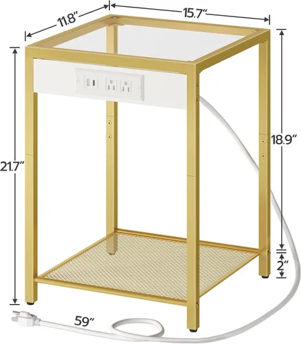 Miniatura 3 de HOOBRO Mesa auxiliar con estación de carga, mesa auxiliar con puerto USB, mesita de noche para espacios reducidos, vidrio templado, marco de metal