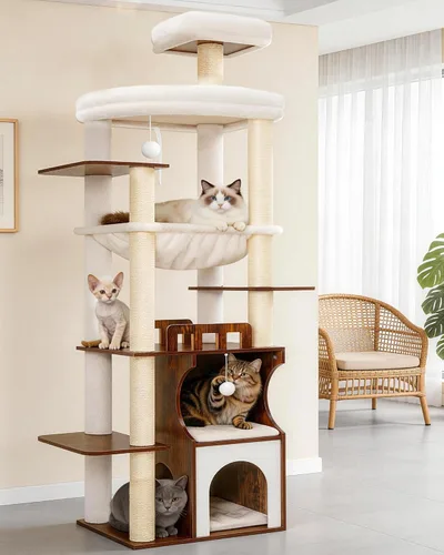 Gitelsnour Árbol para gatos, torre de madera para gatos de 70.9 pulgadas para gatos grandes y adultos, muebles modernos para gatos con condominio de