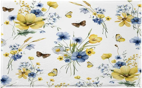 HVEST Yellow Floral Bathroom Rugs Yellow Butterfly and Blue Botanical Flower Bath Mats for Bathroom Cottage Core Wildflower Vintage Floral Non Slip