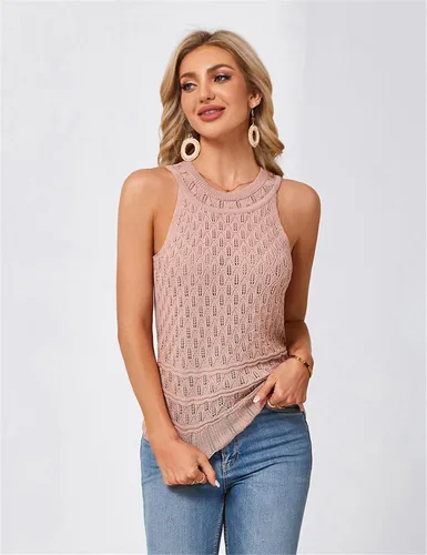 Miniatura 4 de JASAMBAC Suéter sin mangas para mujer, cuello redondo, ahuecado, elástico, recortado, suéter de punto