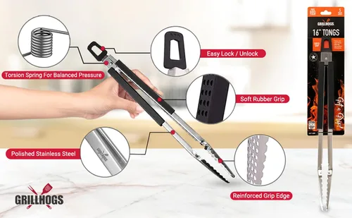 Miniatura 7 de Pinzas para barbacoa de acero inoxidable 18/0 de 9 pulgadas con mango ergonómico de madera de roble real para cocinar, accesorio duradero