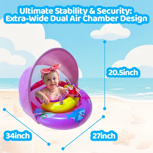 Miniatura 4 de Flotador de piscina para bebé con toldo UPF50+ y consola de juego de juguete oceánico, asiento de seguridad ajustable, flotador de natación para Rosa