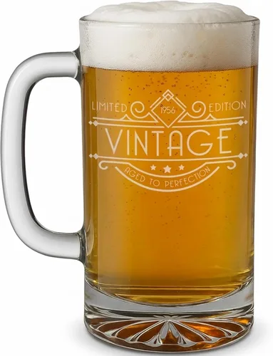 Miniatura 11 de Spotted Dog Company Taza de cerveza de vidrio grabada de 16 onzas vintage de 1956 – Regalos de feliz cumpleaños 70 para hombres y mujeres
