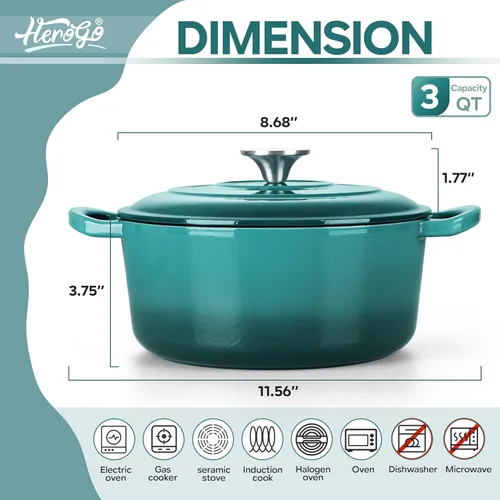 Miniatura 2 de Herogo Horno holandés de hierro fundido esmaltado con tapa, olla holandesa redonda resistente de 3 cuartos de galón con asas dobles para hornear