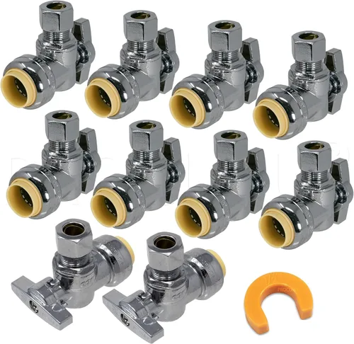 PROCURU PushFit - Válvula de parada angular de 1/2 pulgada de empuje x 3/8 pulgadas de diámetro exterior Comp, válvula de cierre de latón de un