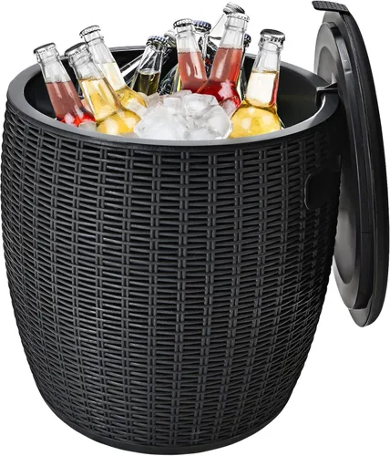 Giantex Enfriador de hielo de 9.5 galones, baúl redondo de mimbre, cubo de hielo para vino de cerveza al aire libre, tapa superior, asas laterales,