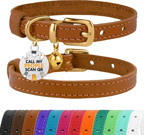 Miniatura 25 de BRONZEDOG Collar de cuero para gato con campanas extraíbles sin liberación rápida, etiqueta QR para gatito para niña y niño