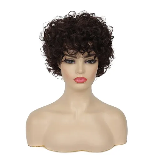 Miniatura 2 de Pelucas cortas y rizadas marrones para mujer, aspecto natural, peluca de pelo sintético marrón para cosplay