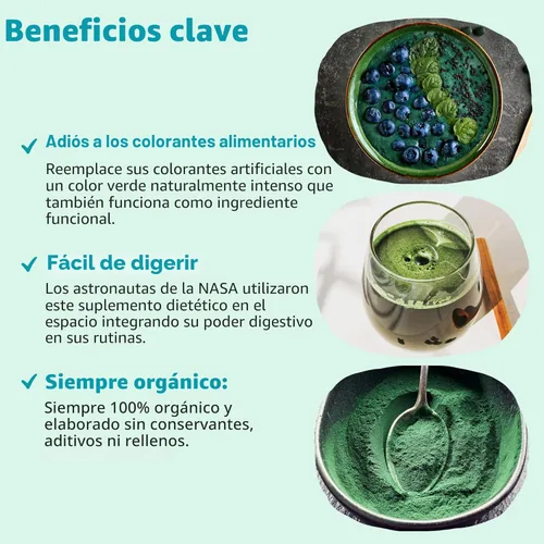 Miniatura 3 de KOS Polvo de espirulina orgánica – Certificado orgánico por USDA, 109 porciones de superalimento en polvo para batidos y jugos, algas azules verdes