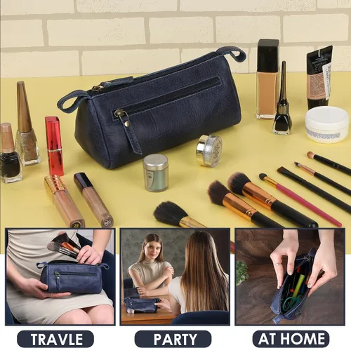 Miniatura 4 de Bolsa de maquillaje de cuero para mujer, bolsa de cosméticos de cuero genuino, bolsa de maquillaje hecha a mano con cremallera, bolsa de aseo Azul