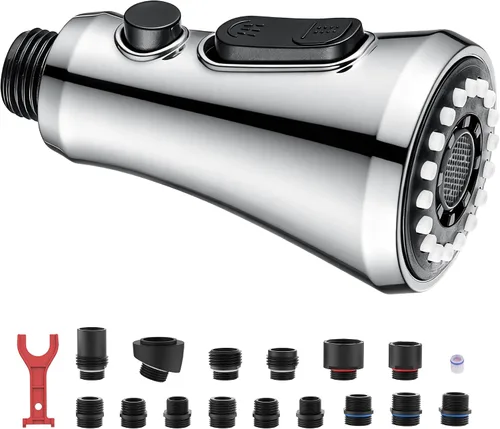 Miniatura 10 de Cabezal rociador desplegable para grifo de cocina, repuesto de cabezal de grifo de cocina con 15 adaptadores, boquilla rociadora de grifo de Níquel