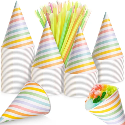 Miniatura 12 de Boao Juego de 100 tazas de cono de nieve de 4.5 onzas y pajitas de papel desechables, jarabe, lunares dorados, a prueba de fugas, suministros