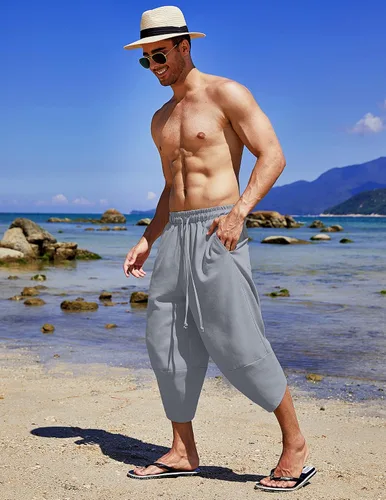 Miniatura 3 de COOFANDY Pantalones capri harén de lino para hombre, ligeros, sueltos, 34, con cordón elástico, cintura elástica, pantalones casuales para yoga
