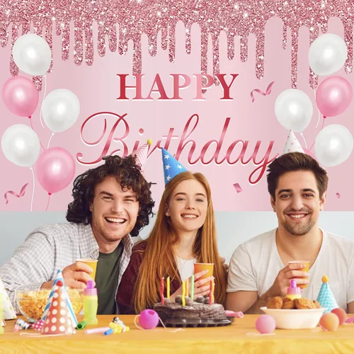 Miniatura 5 de Uiorgui Cartel de cumpleaños rosa – Cartel de feliz cumpleaños decoraciones de fondo suministros para fiestas