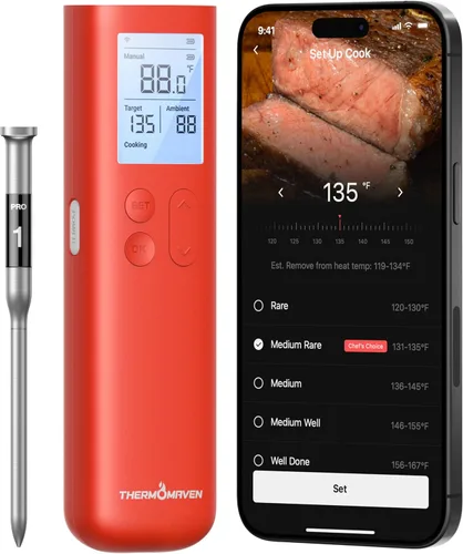 ThermoMaven - Termómetro inalámbrico inteligente para carne con Bluetooth, señal Sub-1G mejorada 10 veces y estabilidad, base de pantalla