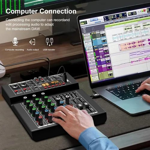 Miniatura 6 de Mezclador de Audio, Mezclador de DJ Profesional, Tablero de Sonido 99 Efectos DSP, Ecualizador de 7 Bandas, Mezclador Digital de 4 Canales, Entrada
