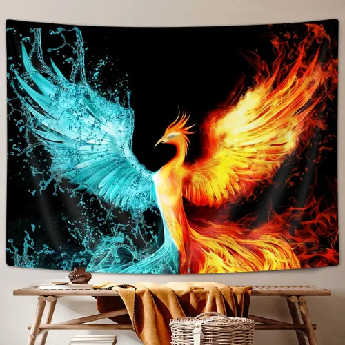 Miniatura 2 de DYNH Tapiz de Fénix de fantasía, hielo de agua y fuego, animal fénix, para colgar en la pared para dormitorio, tapiz estético para hombres, manta