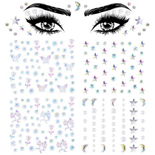 Miniatura 9 de OIIKI 4 hojas de calcomanías de gemas de cara de corazón de estrella, calcomanías de acrílico para joyería de cuerpo, perlas de luna de Halloween