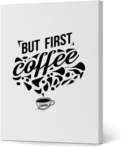 HB Art Design But First Coffee - Lienzo con cita y taza en blanco y negro, arte de pared, decoración de cafetería, decoración de café, decoración de
