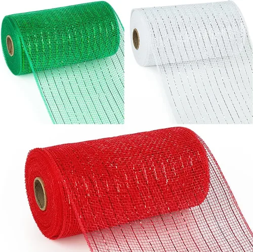 Miniatura 2 de 3 rollos de cinta de malla para coronas, 6 pulgadas x 30 pies cada rollo de rollos de malla de polideco rojo, verde y blanco, cinta de Navidad