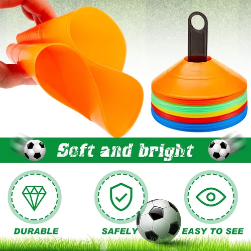 Miniatura 3 de Lewtemi - Juego de 100 conos de disco de fútbol, conos de entrenamiento deportivo, marcador de campo multicolor de plástico con 2 soportes