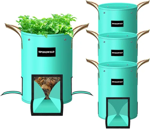 Paquete de 4 bolsas de cultivo de patatas de 10 galones, bolsa de jardín de polietileno con ventanas de pantalla transpirables y asas reforzadas