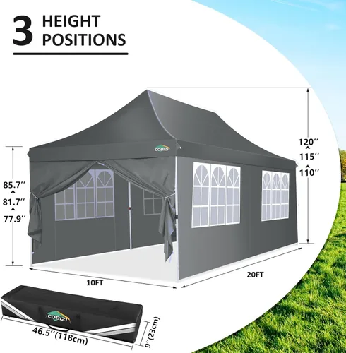 Miniatura 4 de COBIZI Tienda de campaña desplegable de 10 x 20 pies con 6 paredes laterales extraíbles, toldo comercial fácil de instalar, impermeable y gazebo Gris