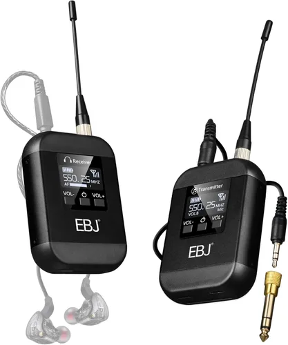 EBJ Sistema de monitor inalámbrico en el oído, monitoreo intrauditivo UHF con transmisor receptor clip, 20 canales ajustables uno a muchos,