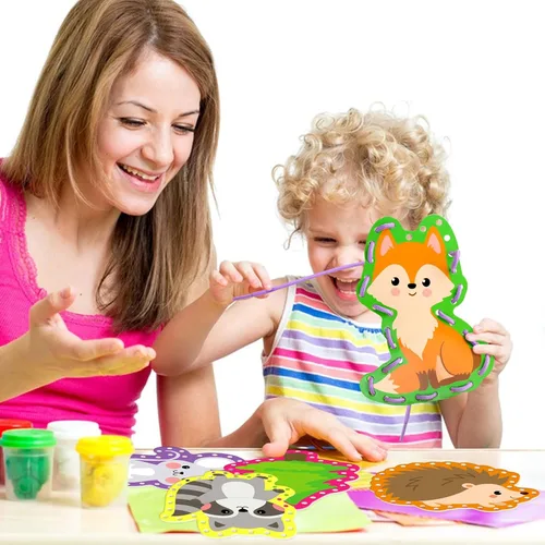 Miniatura 2 de Omlisca Tarjetas con cordones de animales del bosque para niños, paquete de 12 tarjetas de costura de animales del bosque, búho, zorro, oso, bosque