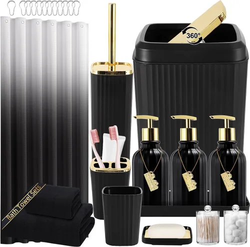 Miniatura 12 de 21PCS Bathroom Sets with Shower Curtain and Rugs Bathroom Accessories Set Beige Bathroom Set Complete with Trash Can, Toilet Brush, Qtip Holder &