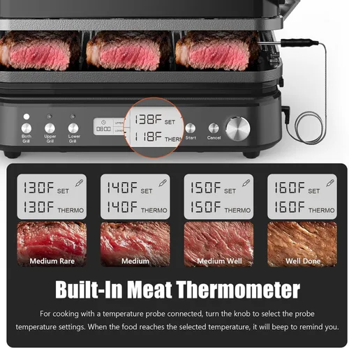 Miniatura 5 de CATTLEMAN Plancha para Parrilla Panini Sandwichera con Placas Extraíbles, 1600W, Waflera 6 en 1 y Parrilla Eléctrica para Interiores con Termómetro