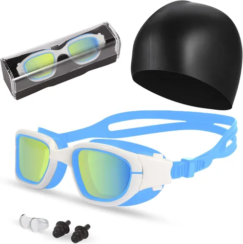 Miniatura 12 de Gafas de natación, gafas para adultos con gorro de natación, clip de nariz y tapones para los oídos, protección UV, lente antivaho y funda